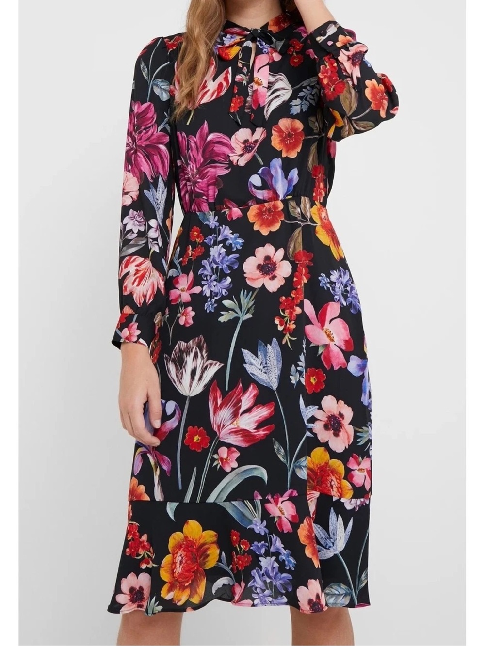J. Crew Black Floral Tie-Neck Midi Dress with Multicolor Blooms